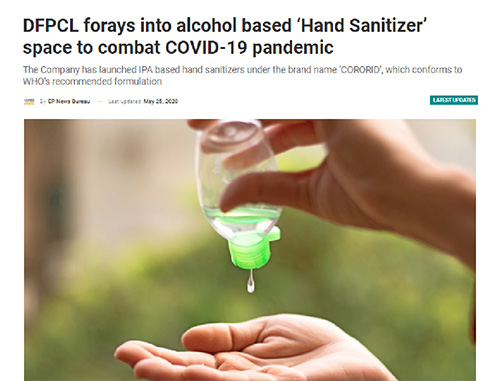 DFPCL Forays Into Alcohol Based ‘Hand Sanitizer’ Space To Combat COVID-19 Pandemic
