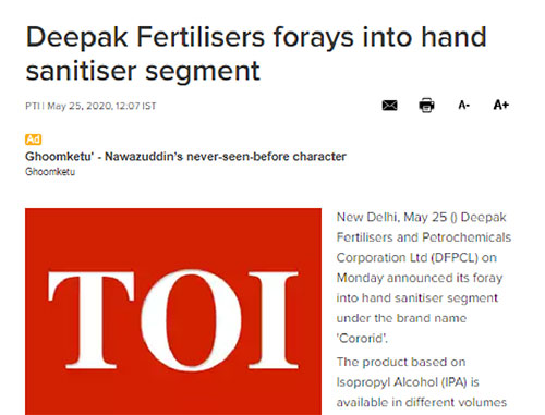 Deepak Fertilisers Forays Into Hand Sanitiser Segment