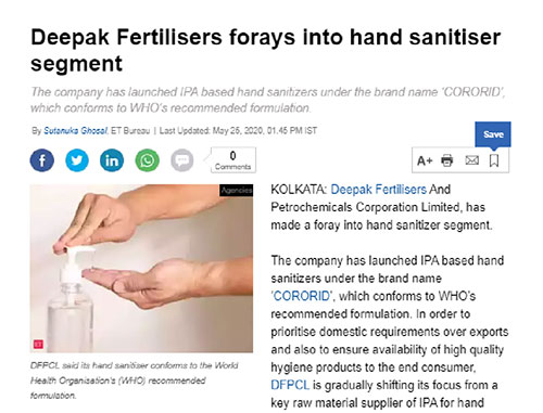 Deepak Fertilisers Forays Into Hand Sanitiser Segment